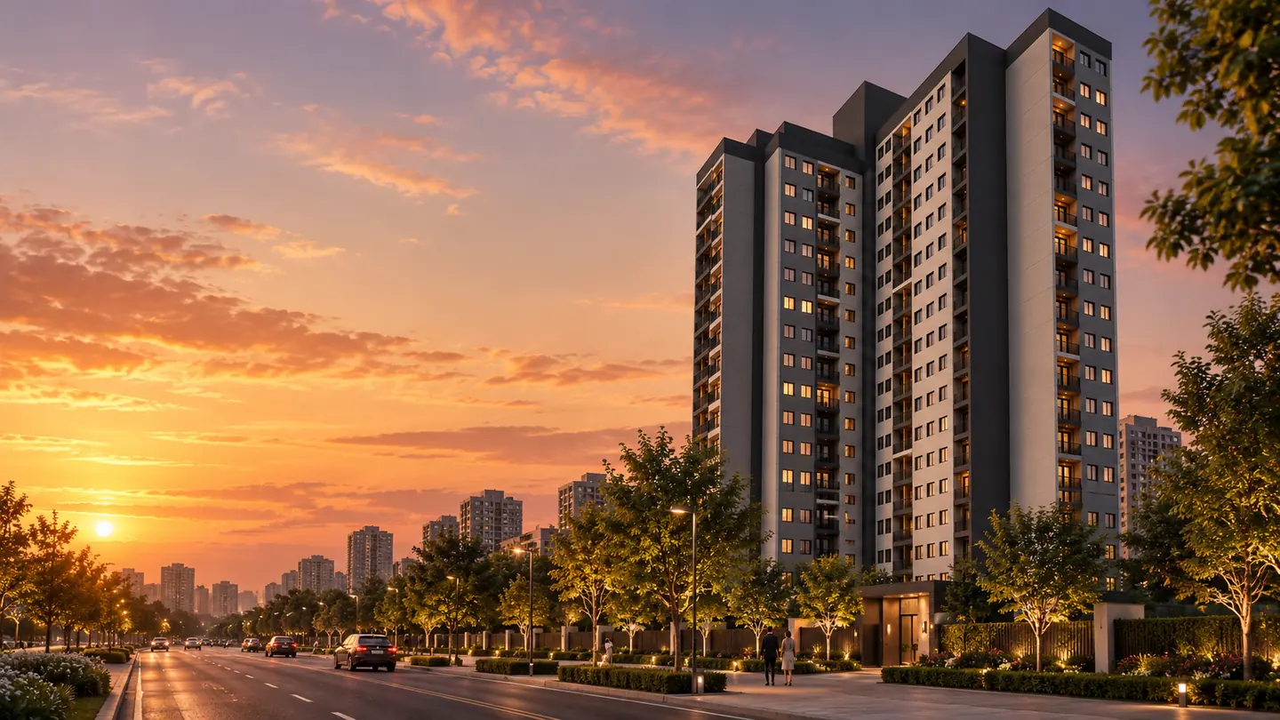 Empreendimento residencial em avenida arborizada ao pôr do sol