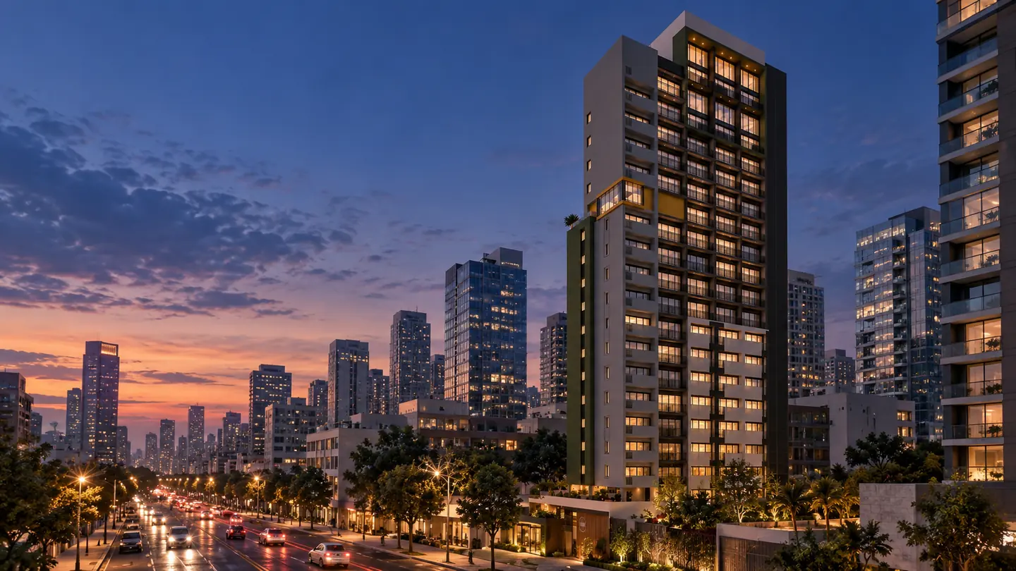 Empreendimento residencial vertical em cenário urbano noturno