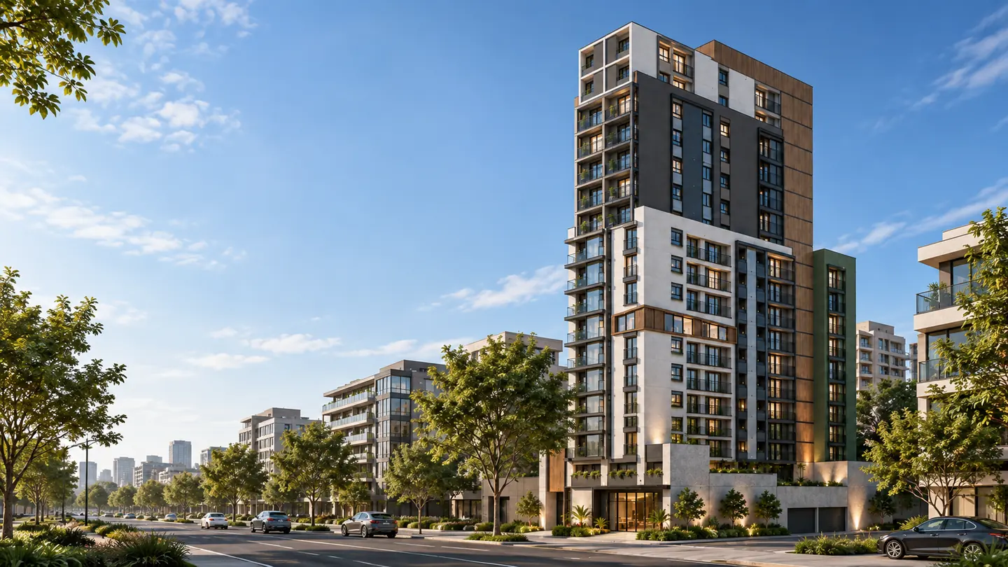 Empreendimento residencial contemporâneo em avenida durante o dia